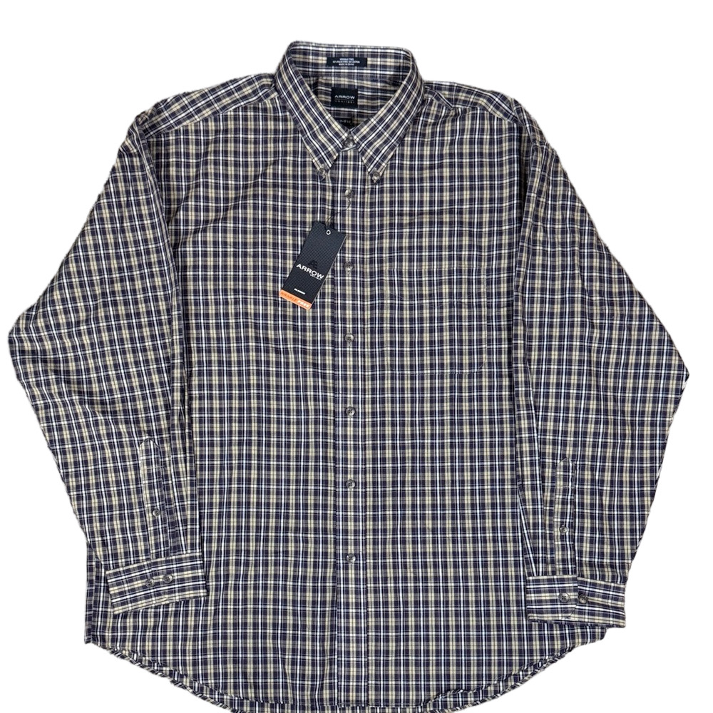 Arrow Men's Tan, Black and White Plaid Button Down Shirt SKU1162